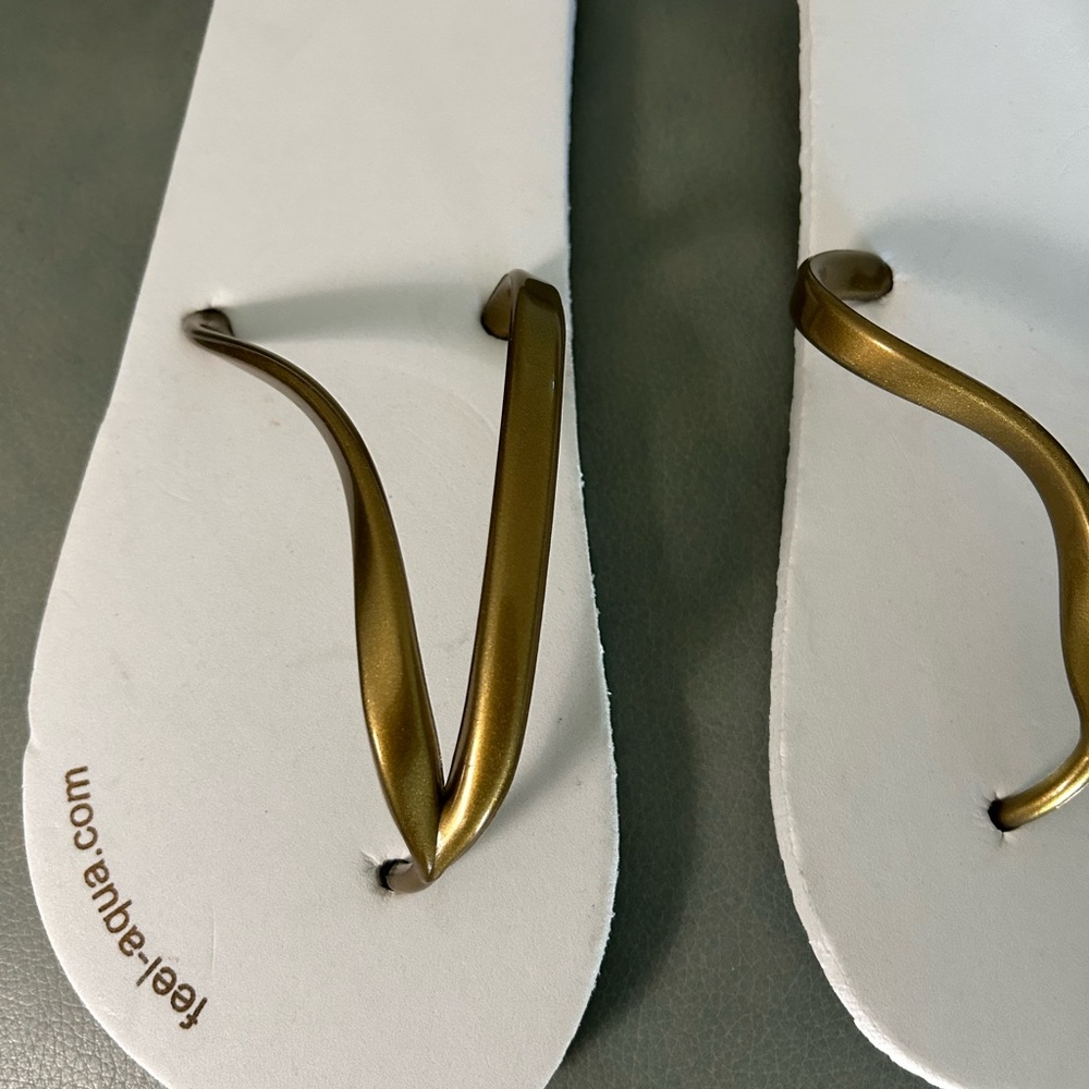 White Flip Flops with Gold Straps - Picture 2 of 7